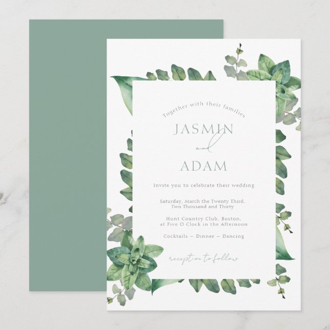 Elegant Sage Green Botanical Wedding Invitation (Front/Back)