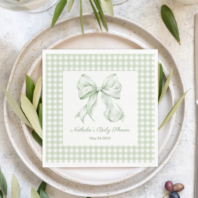 Elegant Sage Green Bow Gingham Baby Shower Napkin (Creator Uploaded)