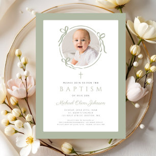 Elegant Sage Green Bow Photo Baptism Invitation