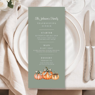 Elegant Sage Green Bow Pumpkins Thanksgiving  Menu