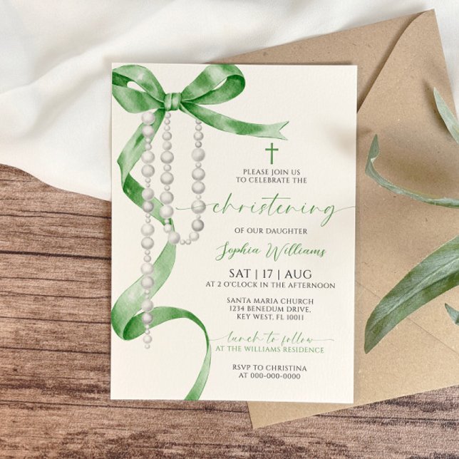 Elegant Sage Green Bow & Rosary Christening Invitation (Creator Uploaded)