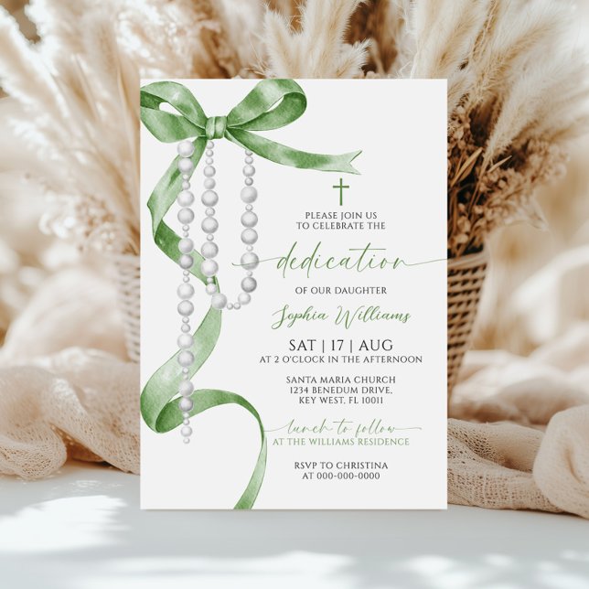 Elegant Sage Green Bow & Rosary Dedication Invitation (Creator Uploaded)