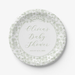 Elegant Sage Green Bow Vintage Floral Baby Shower Paper Plate