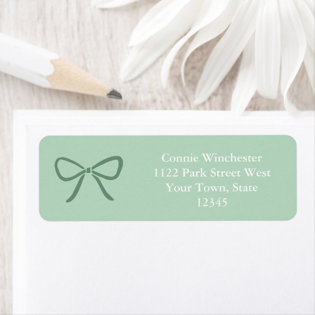 Elegant Sage Green Bow White Text Return Address (Insitu)