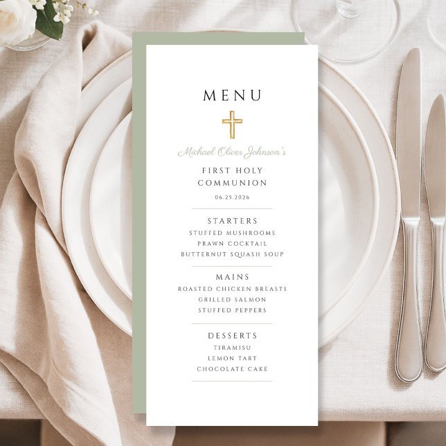 Elegant Sage Green Boy First Communion Menu (Elegant Sage Green Boy First Communion Menu)