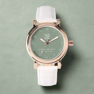 Elegant Sage Green Branded Company Logo Text Watch