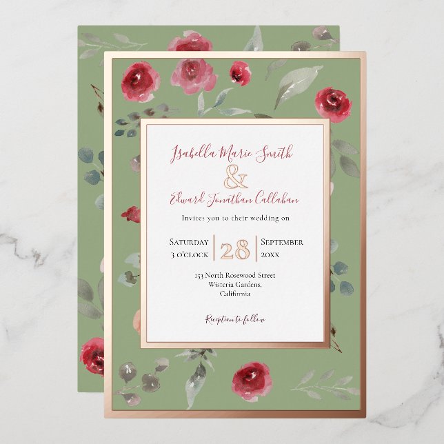 Elegant Sage Green Burgundy Roses Rose Gold  (Front/Back)