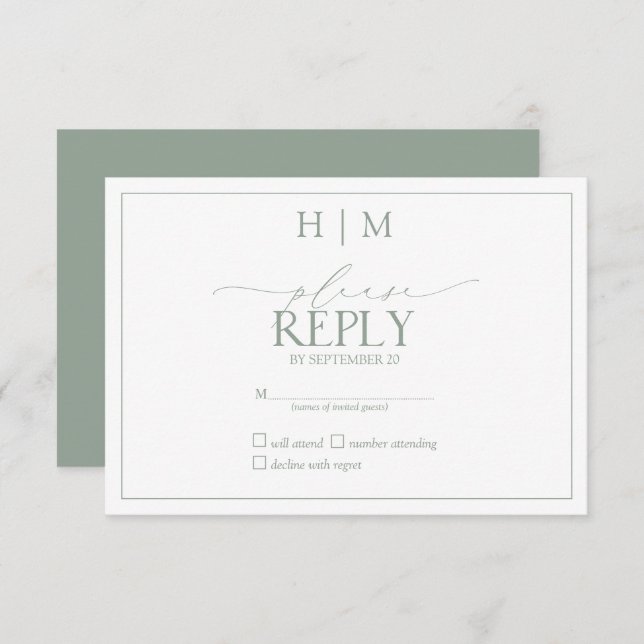 Élégant Sage Green Calligraphie Monogramme RSVP (Devant / Derrière)