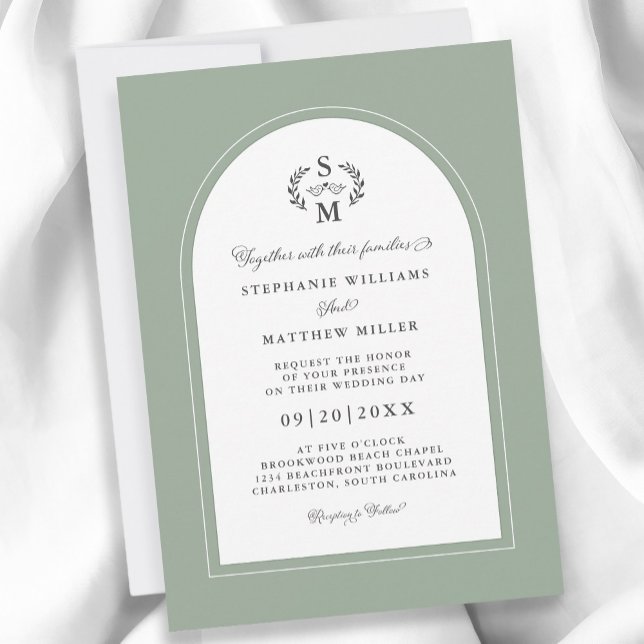 Elegant Sage Green Calligraphy Crest Arch Wedding Invitation (Elegant Sage Green Calligraphy Crest Arch Wedding Invitation)