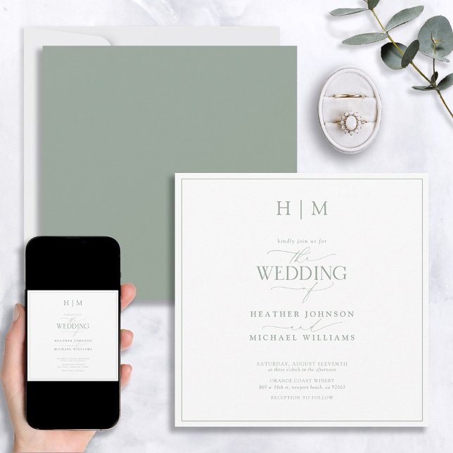 Elegant Sage Green Calligraphy Monogram Invitation (Creator Uploaded)