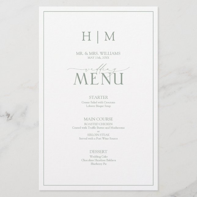 Elegant Sage Green Calligraphy Monogram Menu (Front)