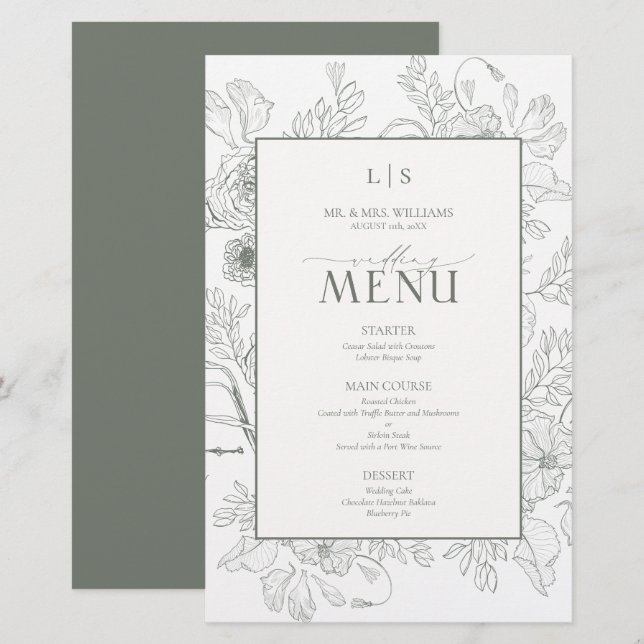 Elegant Sage Green Calligraphy Monogram Menu Card (Front/Back)