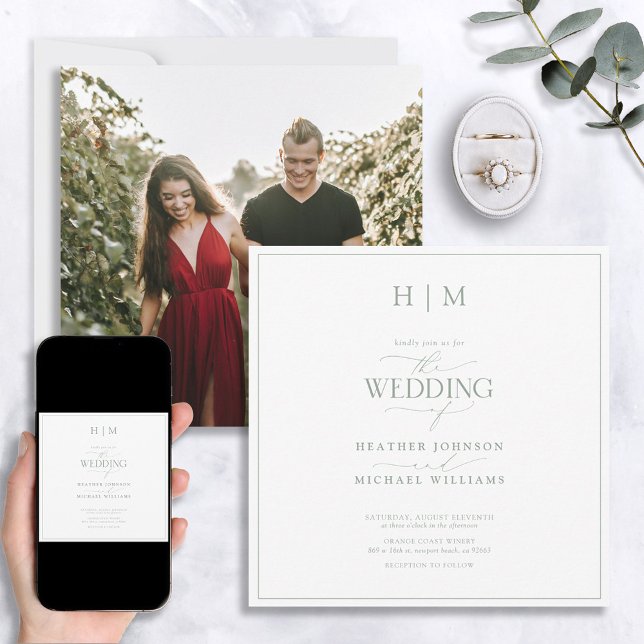 Elegant Sage Green Calligraphy Monogram Photo Invitation (Creator Uploaded)