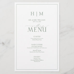Elégant Sage Green Calligraphy Monogramme Menu