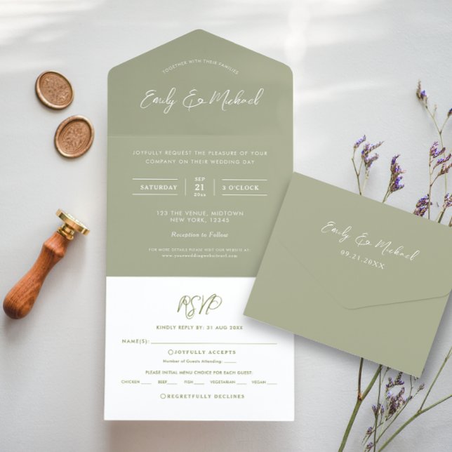 Elegant Sage Green Calligraphy Wedding All In One Invitation (Creator Uploaded)
