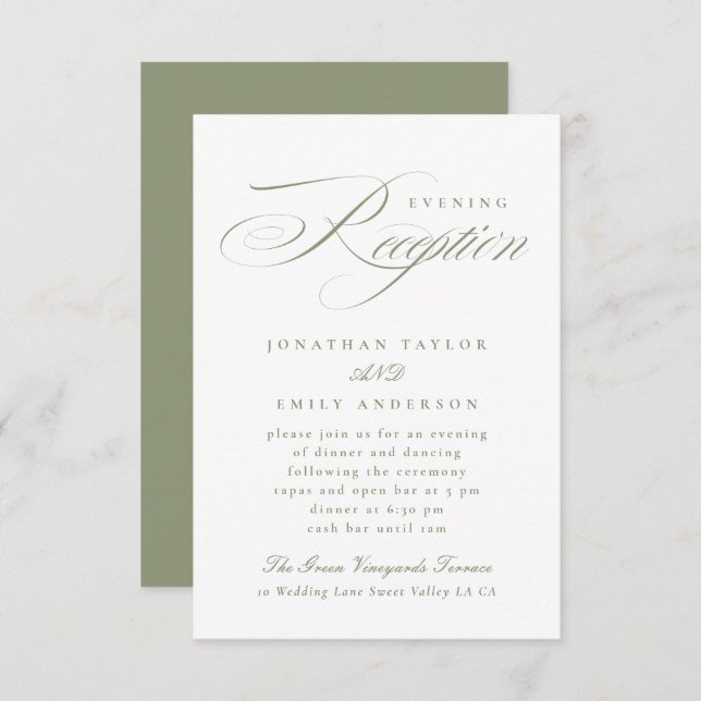 Elegant Sage Green Calligraphy Wedding Reception Enclosure Card (Front/Back)