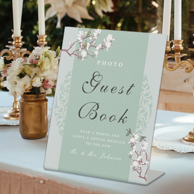 Elegant Sage Green Chinoiserie Photo Guestbook  Pedestal Sign (Creator Uploaded)