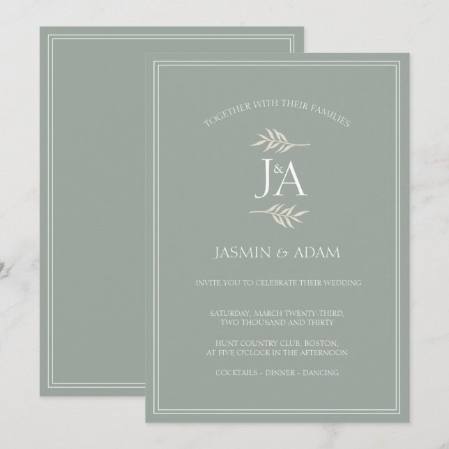 Elegant Sage Green Classic Initials Wedding  Invitation (Front/Back)