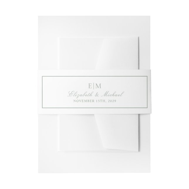 Elegant Sage Green Classic Script Monogram Wedding Invitation Belly Band (Front Example)