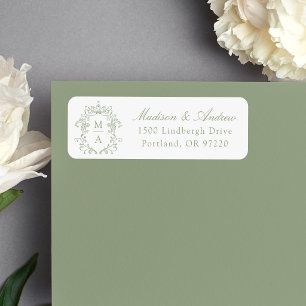 Elegant Sage Green Crest Monogram Wedding Address
