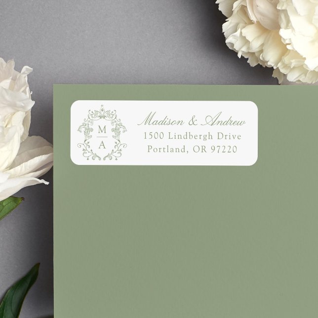 Elegant Sage Green Crest Monogram Wedding Address (Creator Uploaded)