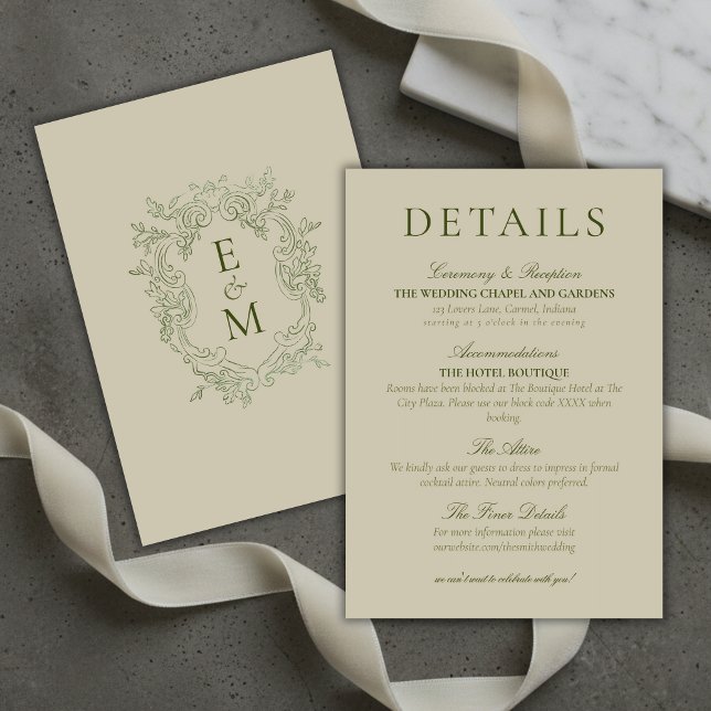 Elegant Sage Green Crest Monogram Wedding Details Enclosure Card (Elegant Sage Green Crest Monogram Wedding Details Enclosure Card)