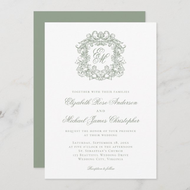Elegant Sage Green Crest Monogram Wedding Invitation (Front/Back)