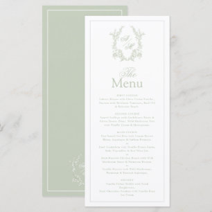 Elegant Sage Green Crest Monogram Wedding Menu