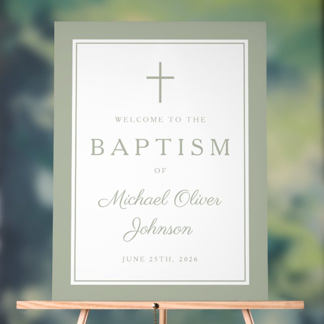 Elegant Sage Green Cross Boy Baptism Welcome (Neutre)