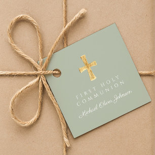 Elegant Sage Green Cross First Communion  Favour Tags