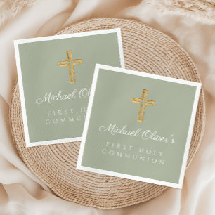 Elegant Sage Green Cross First Communion Napkin