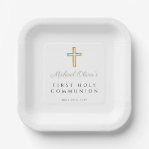 Elegant Sage Green Cross First Communion Paper Plate