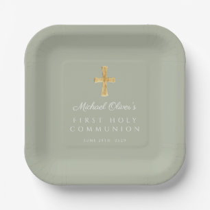Elegant Sage Green Cross First Communion Paper Plate