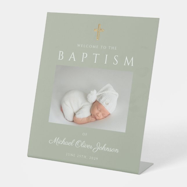 Elegant Sage Green Cross Photo Boy Baptism Welcome Pedestal Sign (Front)