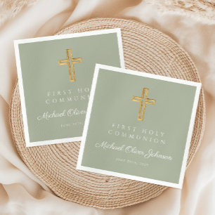 Elegant Sage Green Cross Religious First Communion Napkin