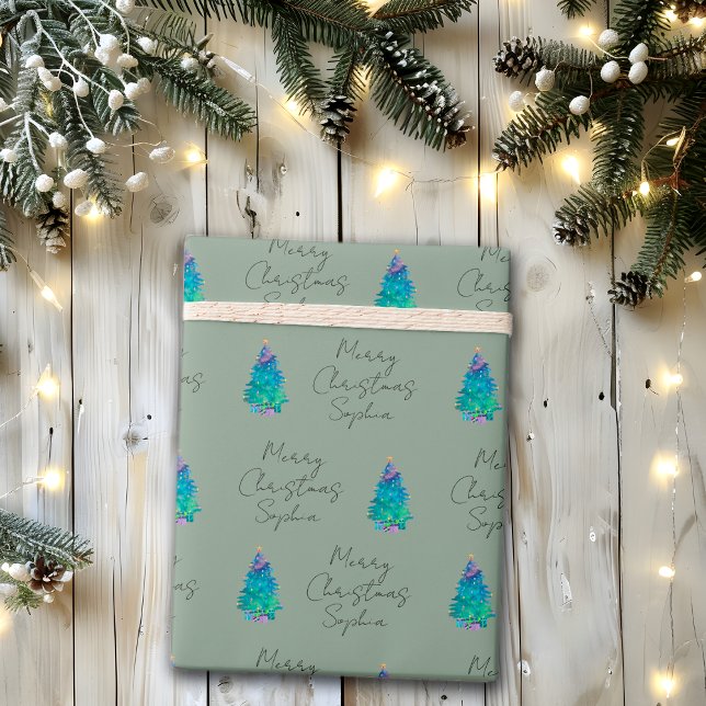 Elegant Sage Green Custom Merry Christmas Tree Wra Wrapping Paper (Creator Uploaded)