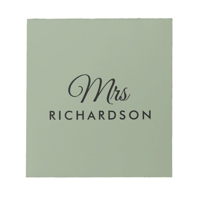 Elegant Sage Green Custom Mrs. Script Family Name Notepad (Front)
