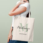 Elegant Sage Green Custom Wedding Bridesmaid Name Tote Bag<br><div class="desc">Elegant custom wedding tote bag features a personalized monogram typography design with modern calligraphy script name and serif monogram initial in laurel sage green and black colours. Includes custom text for a bridal party title like "BRIDESMAID" or other preferred wording.</div>