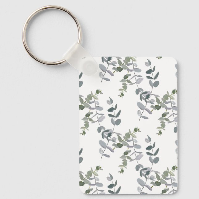 Elegant Sage Green Eucalyptus Leaves Pattern Keychain (Front)