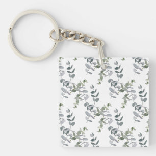 Elegant Sage Green Eucalyptus Leaves Pattern Keychain
