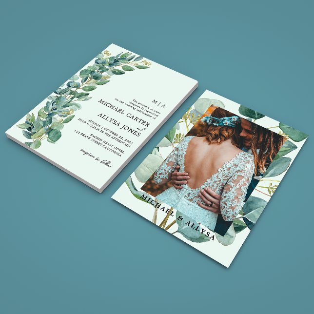 Elegant Sage Green Eucalyptus & Photo Wedding Invitation (Creator Uploaded)
