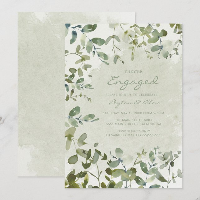 Elegant Sage Green Eucalyptus White Engagement Invitation (Front/Back)