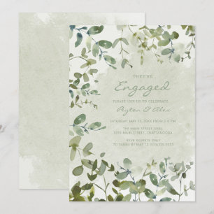 Elegant Sage Green Eucalyptus White Engagement Invitation