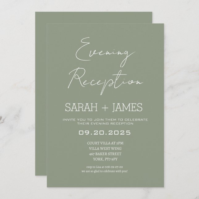 Elegant Sage Green Evening Reception Wedding  Invitation (Front/Back)