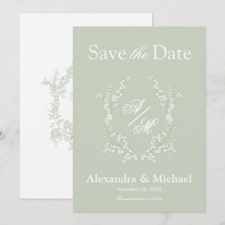 Elegant Sage Green Floral Crest Monogram Save The Date