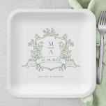 Elegant Sage Green  Floral Crest Monogram Wedding Paper Plate<br><div class="desc">Classic sage green floral crest wedding paper plate with monograms,  perfect for a modern classic or romantic vintage wedding. For more advanced customization of this design,  please click the BLUE DESIGN TOOL BUTTON above! Matching items are also available.</div>