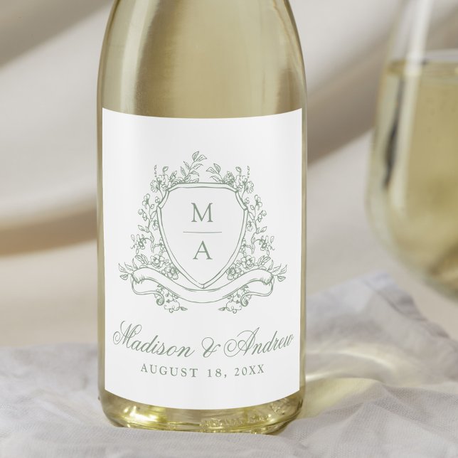 Elegant Sage Green Floral Crest Monogram Wedding Wine Label (Creator Uploaded)