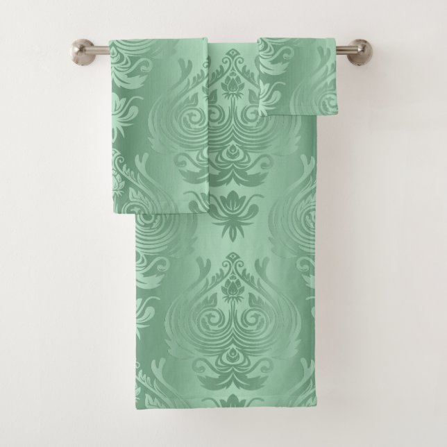 Elegant Sage Green Floral Damask Print Bath Towel Set (Insitu)