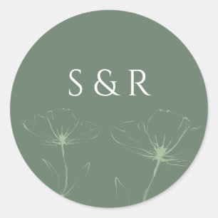 Elegant Sage Green Floral Line Art Monogram Round Classic Round Sticker
