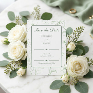 Elegant Sage Green Floral Line Art Wedding Save The Date